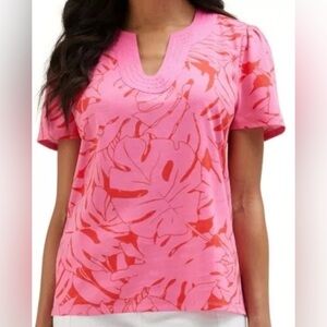 Rafaella Cotton Jersey V-Neck Top Pressed Palms Carmine Rose Size XX Large New
